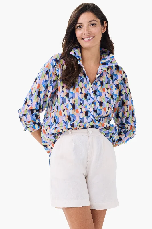 NIC+ZOE Blue/Multi Social Circles Button Front Boyfriend Shirt M241660