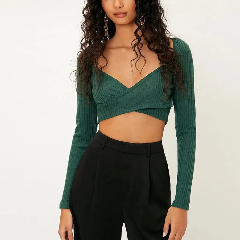 Sexy Deep V Slim Short Shirt Solid Color Long-Sleeved Wholesale Crop Tops