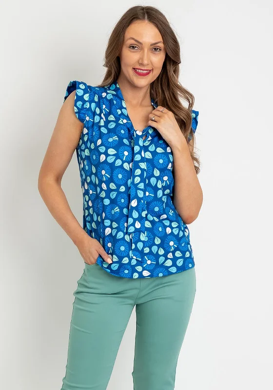 Leon Collection Flower Print Tie Neck Sleeveless Top, Blue Multi