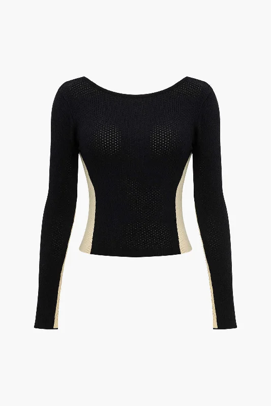 Contrast Knit Backless Patchwork Long-Sleeve Top