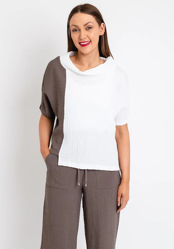 Naya Crinkle Look Contrast Top, Taupe & White