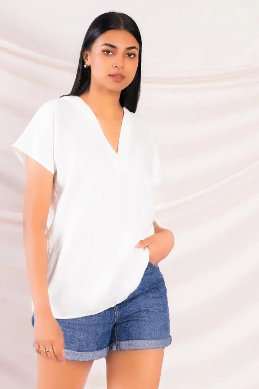 White V Neck Linen Top