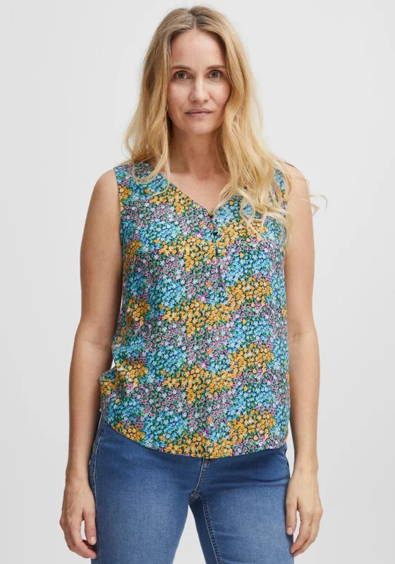 Fransa Floral Button Sleeveless Top, Blue Multi