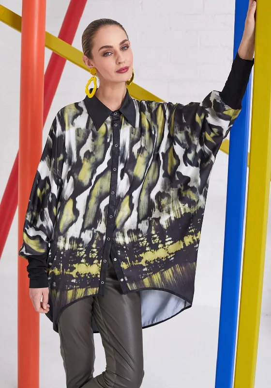 Naya Oversized Satin Feel Print Shirt, Multi