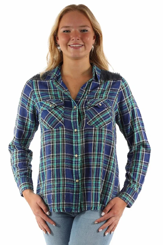 Scully Womens Airy Plaid Yokes Blue Rayon Blend L/S Shirt