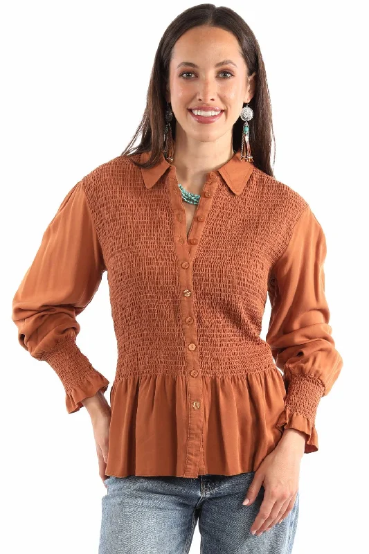 Scully Womens Smocked Peplum Terracotta 100% Rayon L/S Blouse