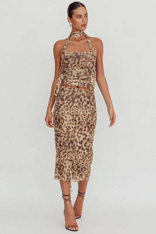 Meet Up Elastic Waist Midi Skirt Leopard