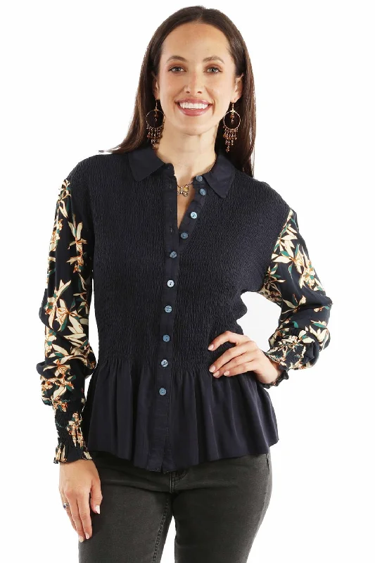 Scully Womens Smocked Peplum Navy 100% Rayon L/S Blouse