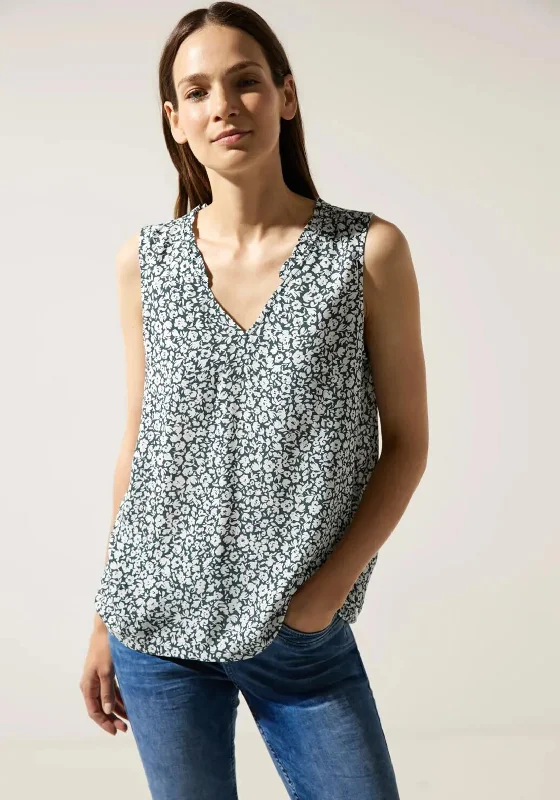 Street One Ruffle Neckline Print Top, Cool Vintage Green