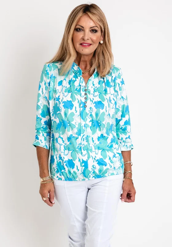 Leon Collection Flower Print Elasticated Hem Top, Mint Multi