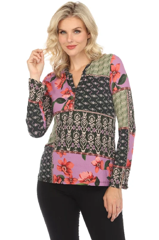 Johnny Was Zanda Split Neck Long Sleeve Top Boho Chic T14923