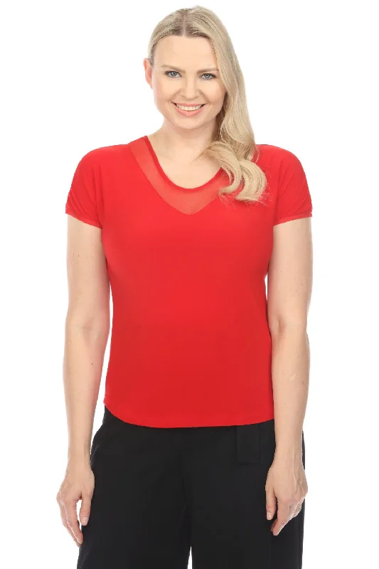 Joseph Ribkoff Radiant Red Sheer Insert V-Neck Short Sleeve T-Shirt 241088