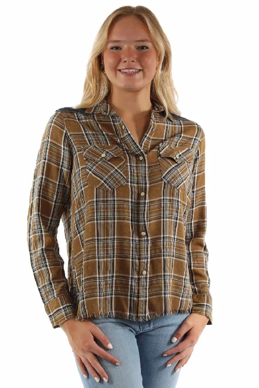 Scully Womens Airy Plaid Yokes Brown Rayon Blend L/S Shirt