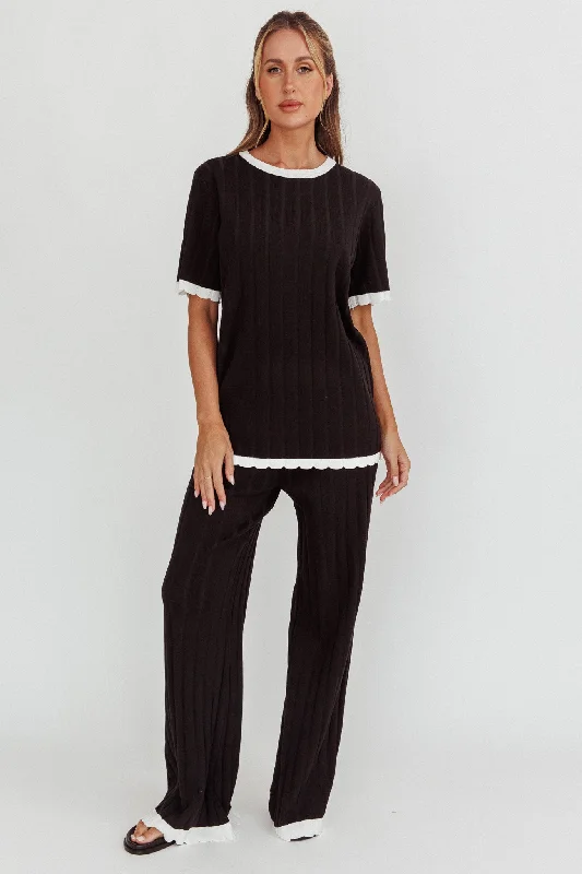 Liloh Contrast Trim Ribbed Knit Pants Black