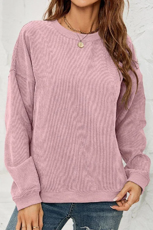 WOMEN CORDUROY ROUND NECK PULLOVER SWEATER