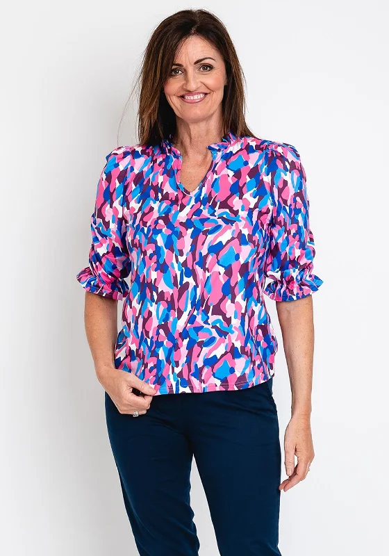 Leon Collection Ruffle Trim Camo Print Top, Pink & Blue