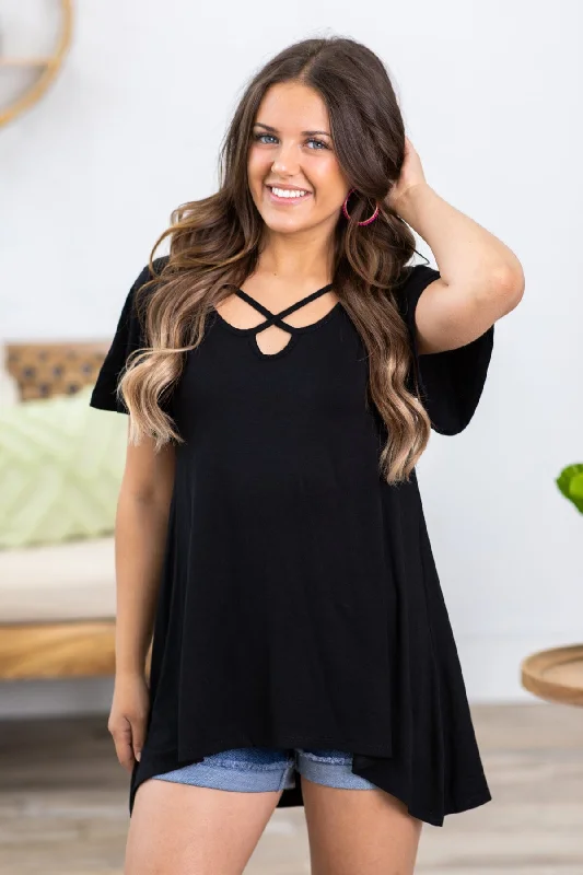 Black Short Sleeve Top With Criss-Cross Detail