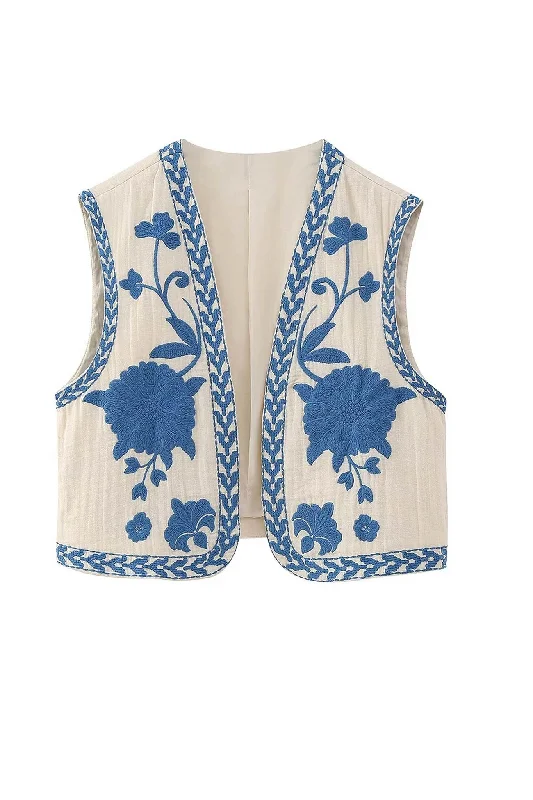 Vintage Floral Embroidery Open Front Vest