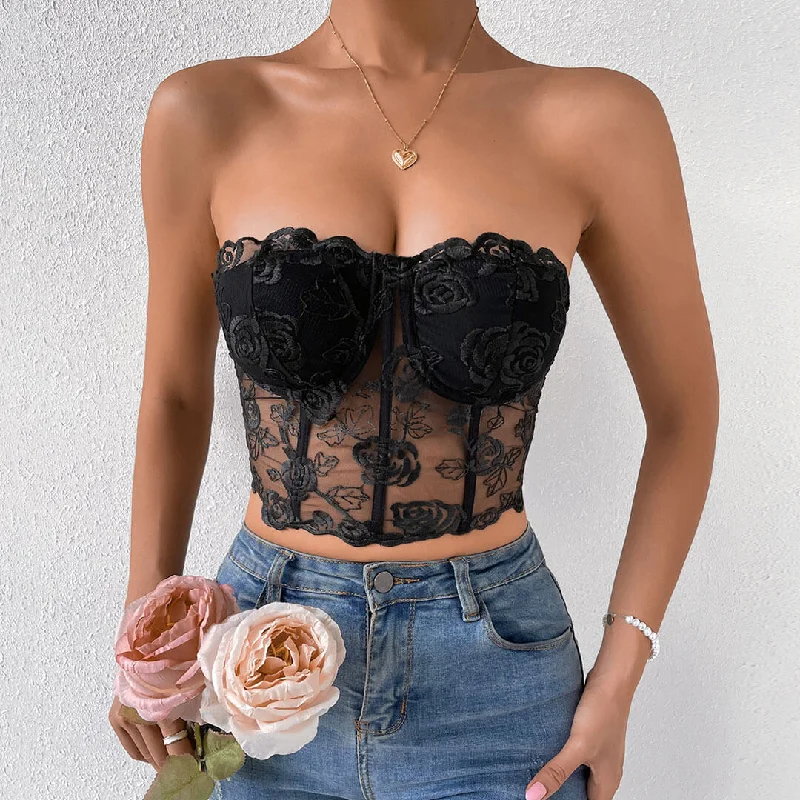 Tulle Crop Corset Tube Top - Black