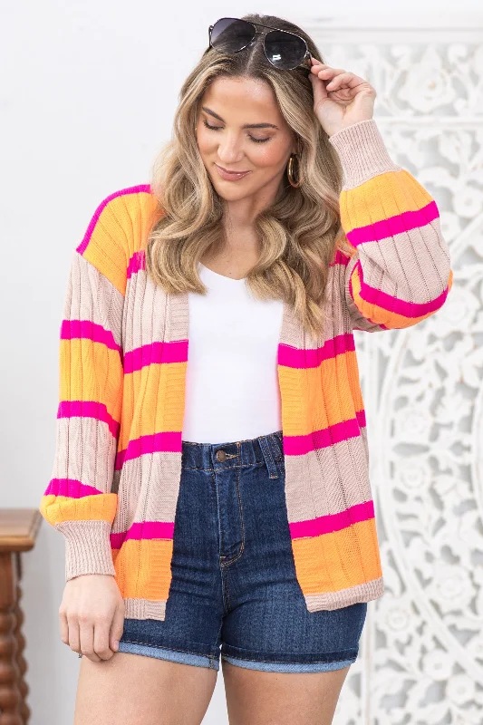 Orange and Hot Pink Stripe Ribbed Cardigan