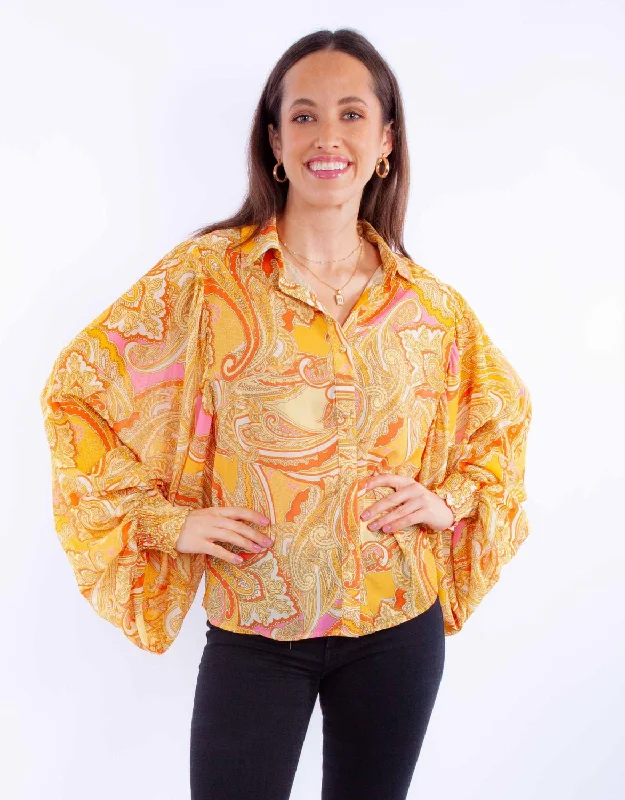 Scully Womens Paisley Balloon Sleeve Gold 100% Polyester L/S Blouse