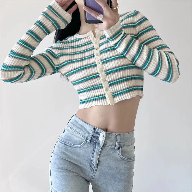 Striped Print Long Sleeve Round Neck Button Down Wholesale Cardigan Crop Tops