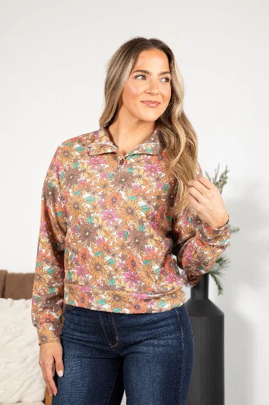 Brown And Pink Floral Print Knit Pullover