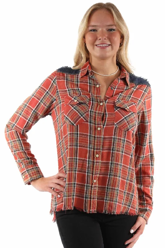 Scully Womens Airy Plaid Yokes Red Rayon Blend L/S Shirt