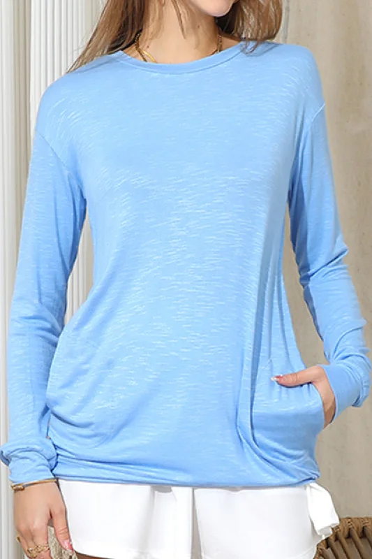 LONG SLEEVE ROUND NECK BASIC TUNIC TOP WITH POCKET