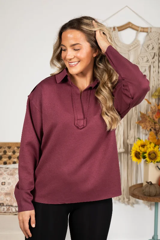 Plum V-Neck Collar Knit Long Sleeve Top