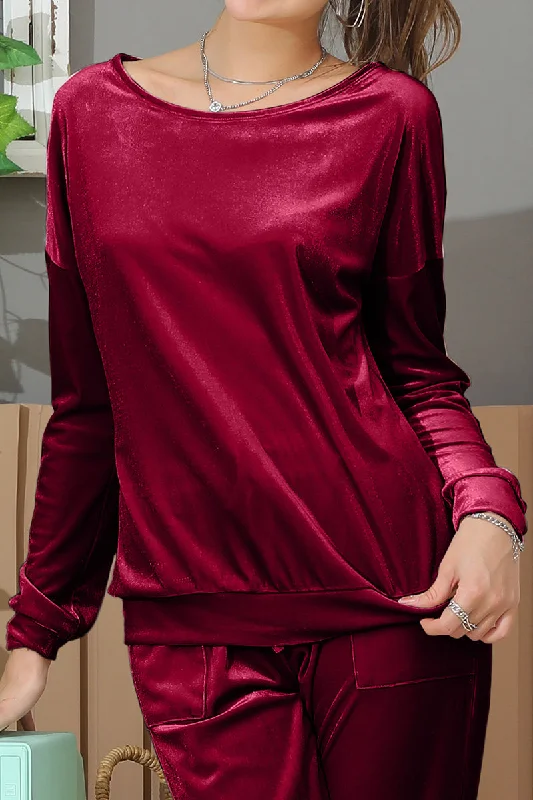 LONG SLEEVE WIDE ROUND NECK VELVET SWEATSHIRT