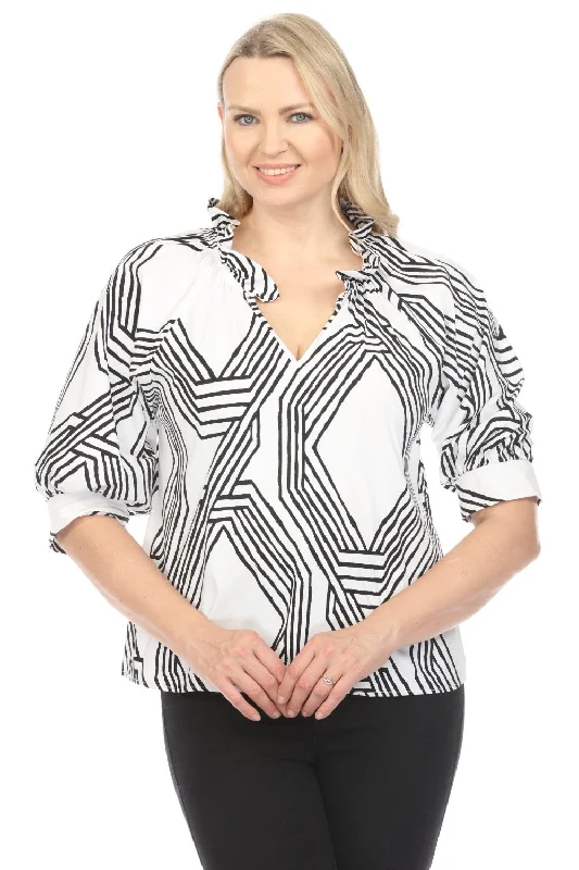 Joseph Ribkoff Vanilla/Black Geometric Print Puff Sleeve Top 242126