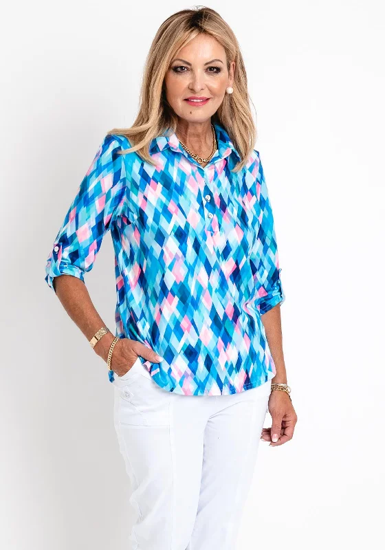 Leon Collection Collared Half Button Blouse, Aqua Multi