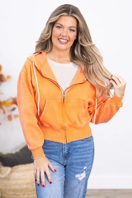 Light Orange Washed Fleece Full Zip Hoodie