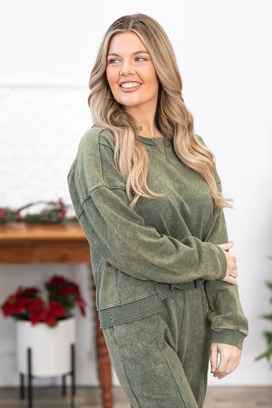 Olive Washed Drop Shoulder Sweatshirt