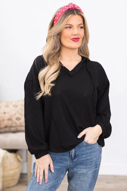 Black V-Neck Hoodie Knit Top