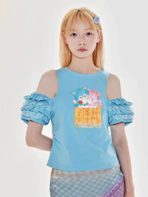 Kitten Print Off-SHOULDER TOPS AND OVERSIZED LOOSE T-SHIRT [S0000009524]