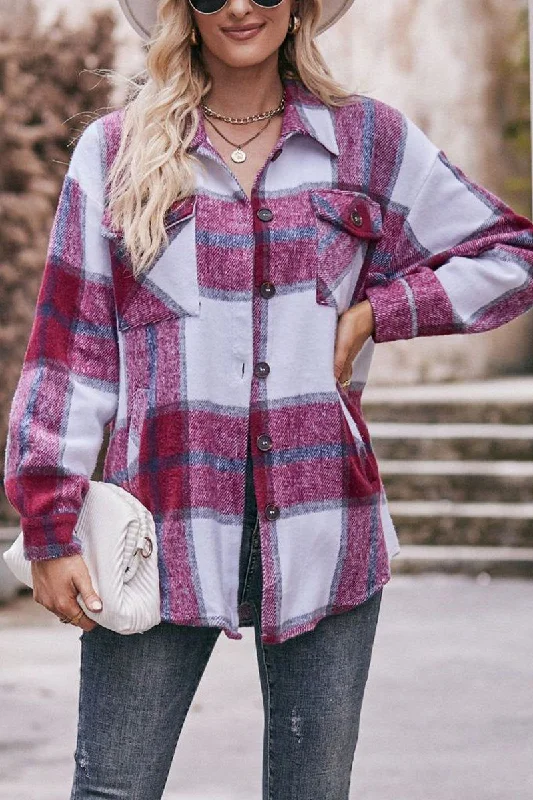 WOMEN FLIP TIE POCKET LOOSE PLAID JACKET