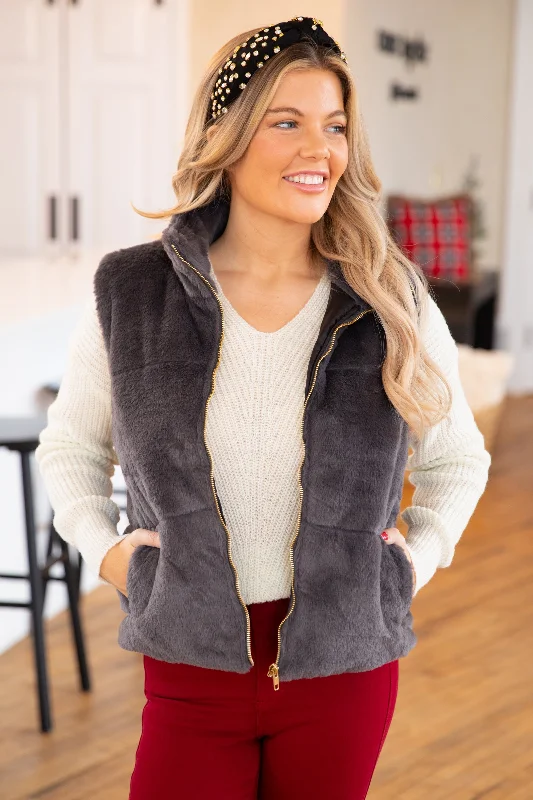 Graphite Faux Fur Full Zip Vest