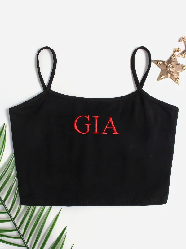 Custom Square Neck Letter Embroidered Backless Spaghetti Strap Sleeveless Black Camis