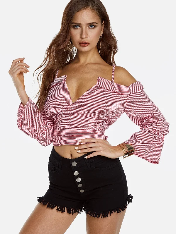 Custom Off The Shoulder Deep V Neck Stripe Lace-Up Long Sleeve Pink Top