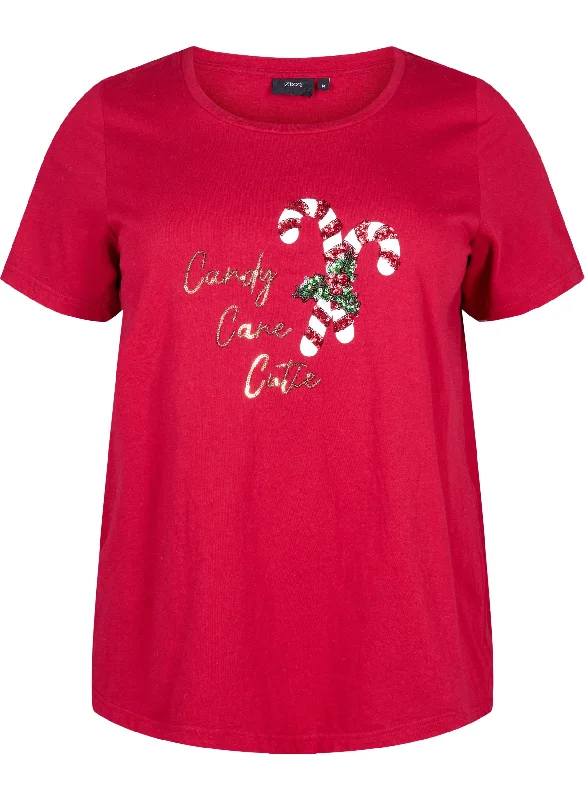 Zizzi Christmas Candy Cane T-Shirt in Red