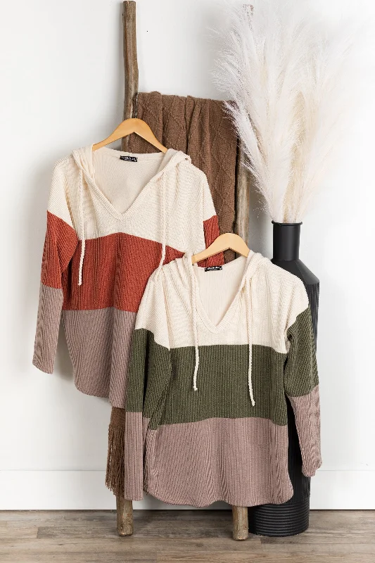 Ribbed Colorblock Drawstring Hoodie Knit Top