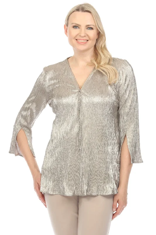 Joseph Ribkoff Champagne/Gold Metallic Textured Zip Front 3/4 Sleeve Tunic Top 241237