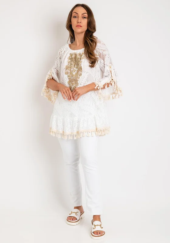 The Serafina Collection One Size Gold Design Lace Top, White