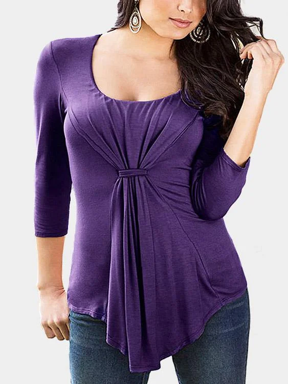 Custom Round Neck Long Sleeve Irregular Hem Purple T-Shirts