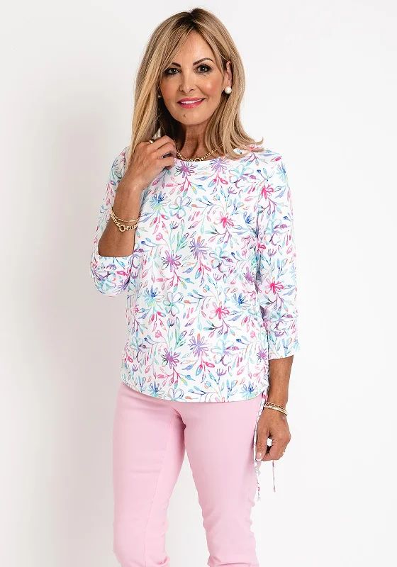 Leon Collection Floral Print Top, White Multi