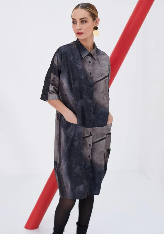 Naya Satin Feel Long Length Print Shirt, Grey