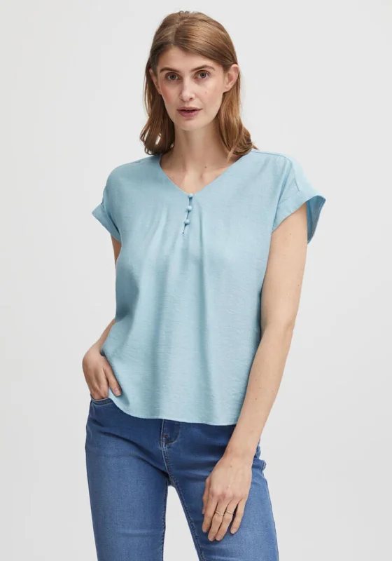 Fransa Hot Crepe V Neck Top, Pale Blue