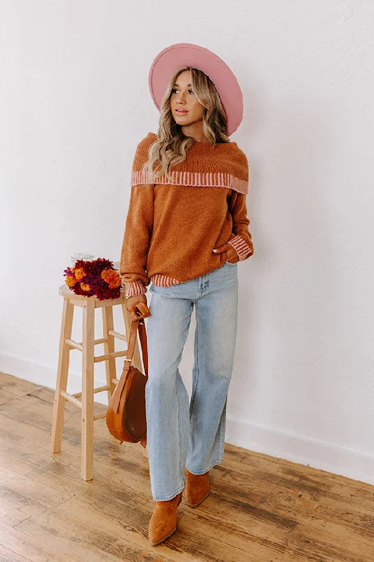 Chic Moment Off Shoulder Knit Sweater in Cinnamon